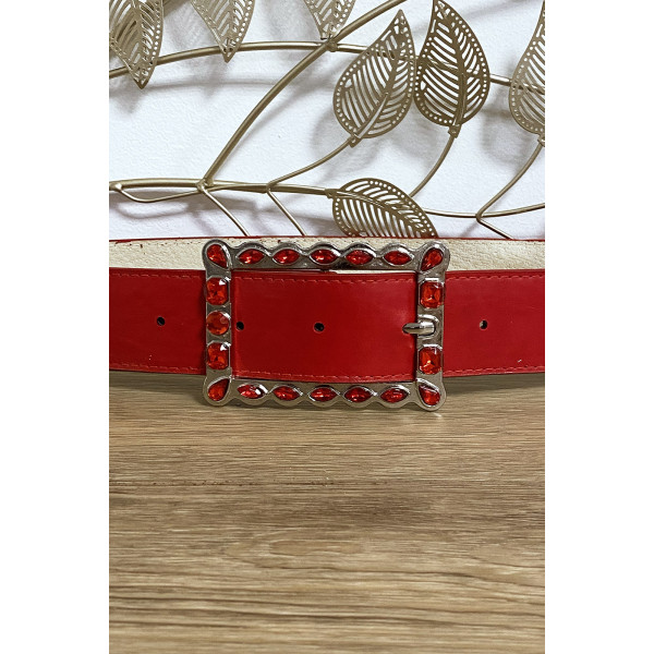 Ceinture rouge boucle rectangulaire ornée de strass - 2