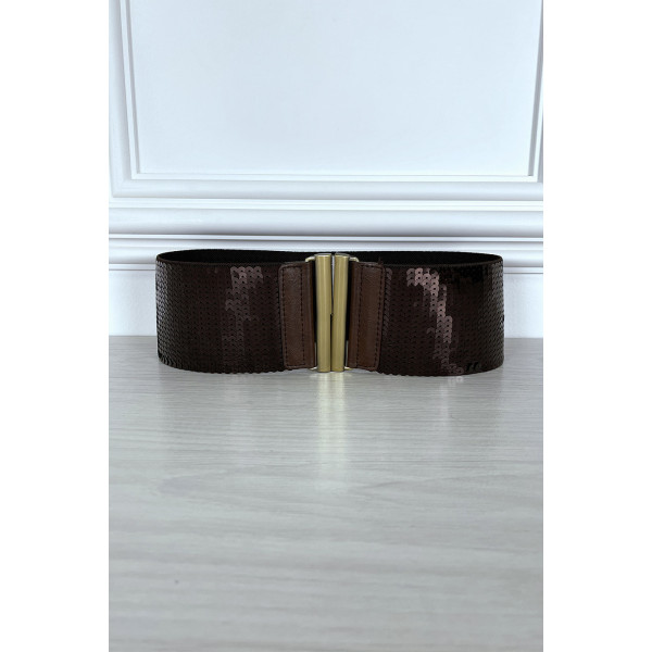 Ceinture élastique marron à sequins - 1