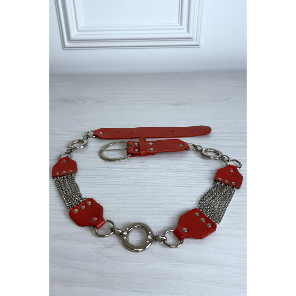 Ceinture rouge en simili avec chêne et accessoire argenté - 1