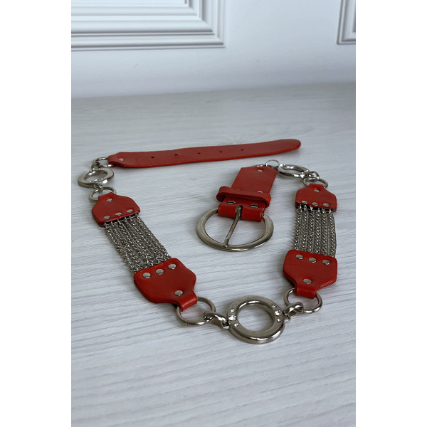 Ceinture rouge en simili avec chêne et accessoire argenté - 5