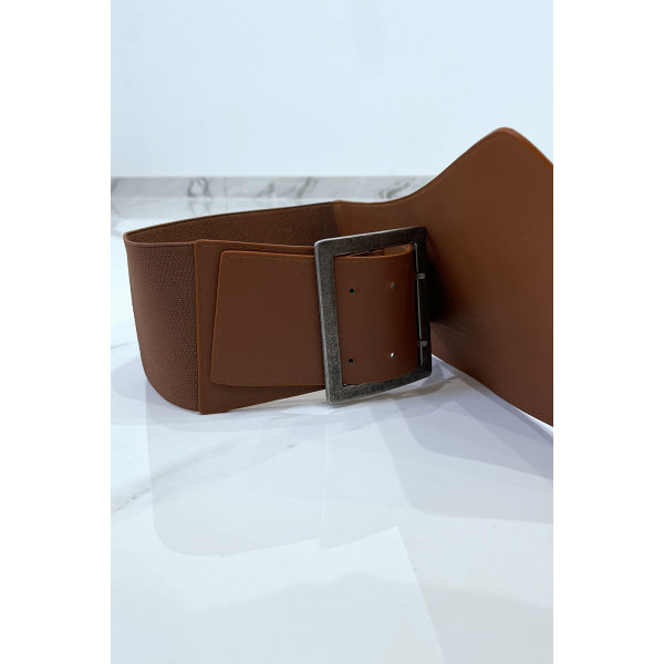 Ceinture asymétrique marron en tissus stretch et simili cuir et grosse boucle métallique - 4