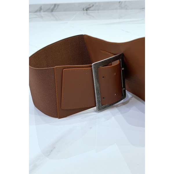 Ceinture asymétrique marron en tissus stretch et simili cuir et grosse boucle métallique - 5