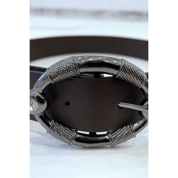 Ceinture marron à boucle ovale avec strass - 7