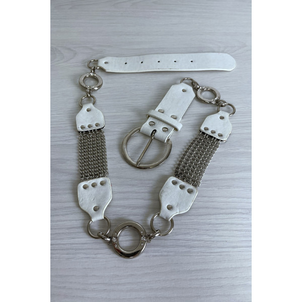 Ceinture blanche en simili avec chêne et accessoire argenté - 1