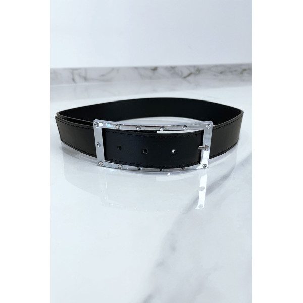 Ceinture noire avec boucle rectangle strass et argenté - 3