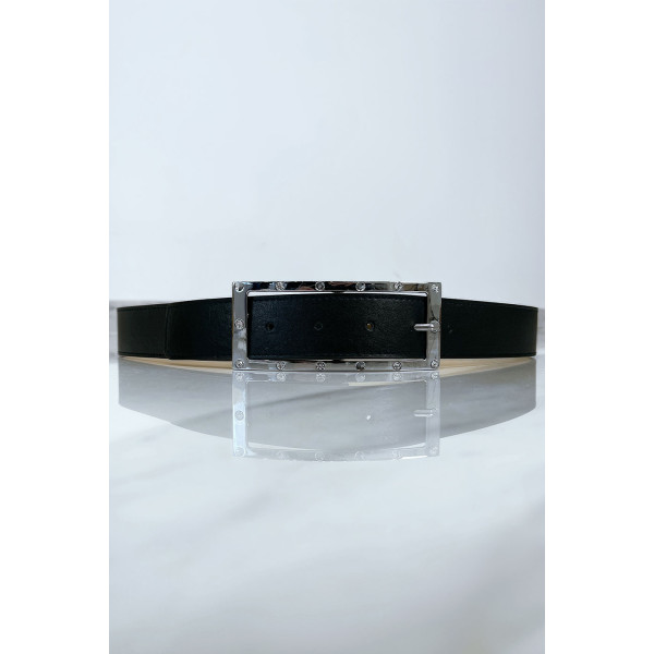 Ceinture noire avec boucle rectangle strass et argenté - 7