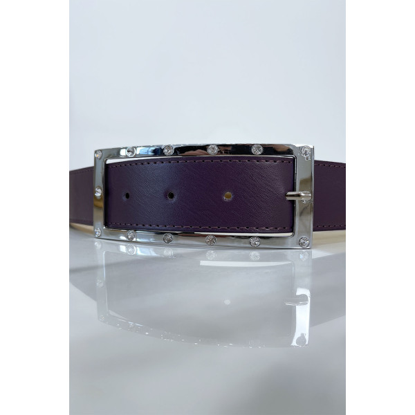 Ceinture violette avec boucle rectangle strass et argenté - 3