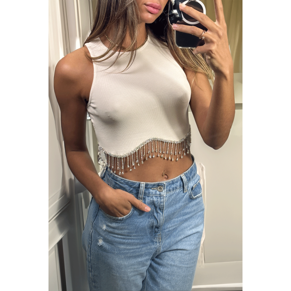 Crop top beige en maille côtelée sans manche avec sublimes perles pendantes : Élégance et délicatesse réunies - 2