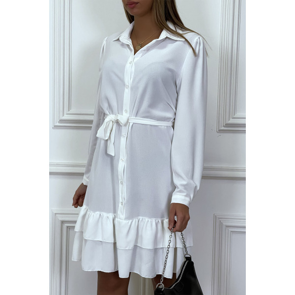 Robe tunique blanche manches longues boutonné avec volant - 3