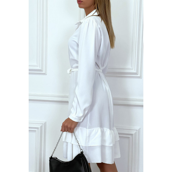 Robe tunique blanche manches longues boutonné avec volant - 4