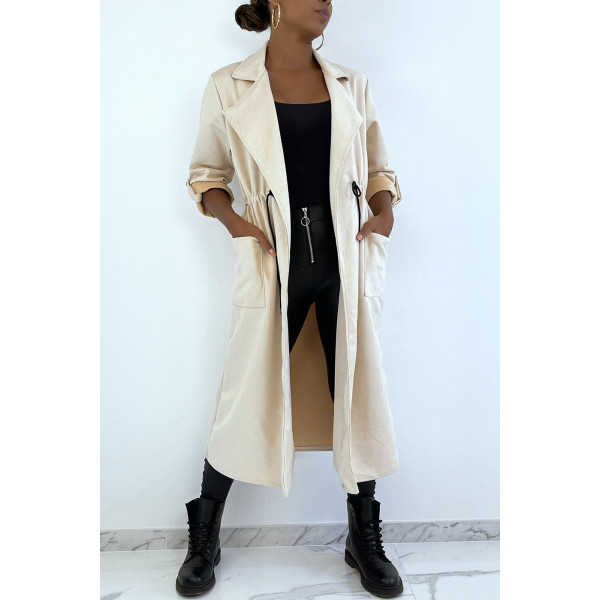 Manteau trench en suédine beige ajustable à la taille - 2