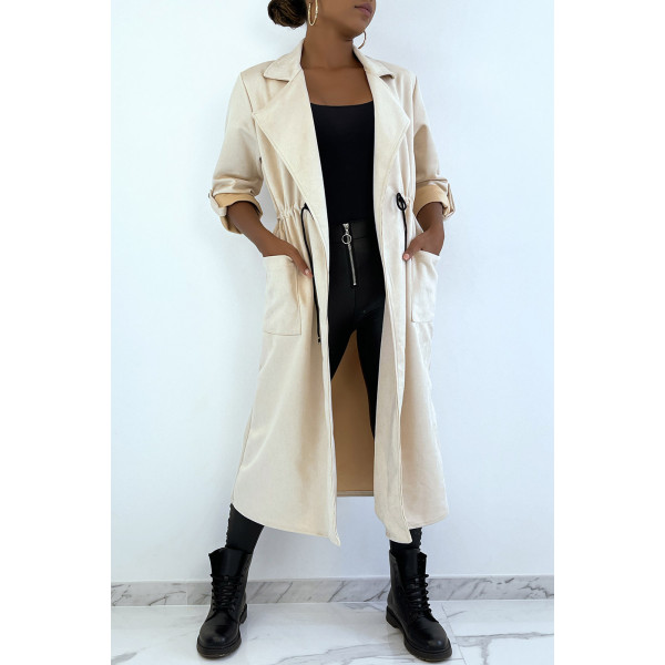 Manteau trench en suédine beige ajustable à la taille - 3