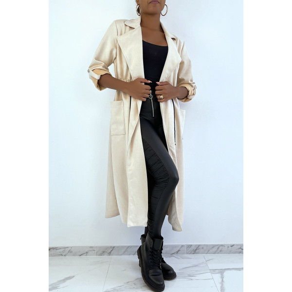 Manteau trench en suédine beige ajustable à la taille - 4