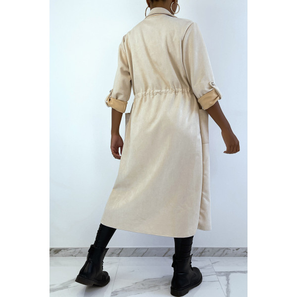 Manteau trench en suédine beige ajustable à la taille - 5