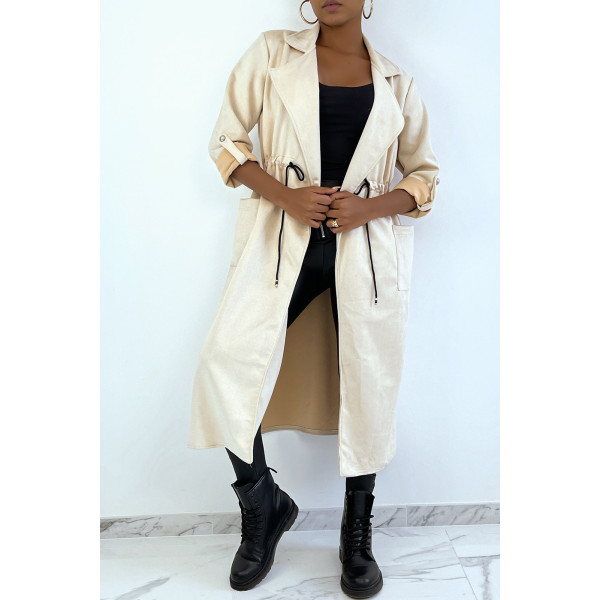 Manteau trench en suédine beige ajustable à la taille - 6