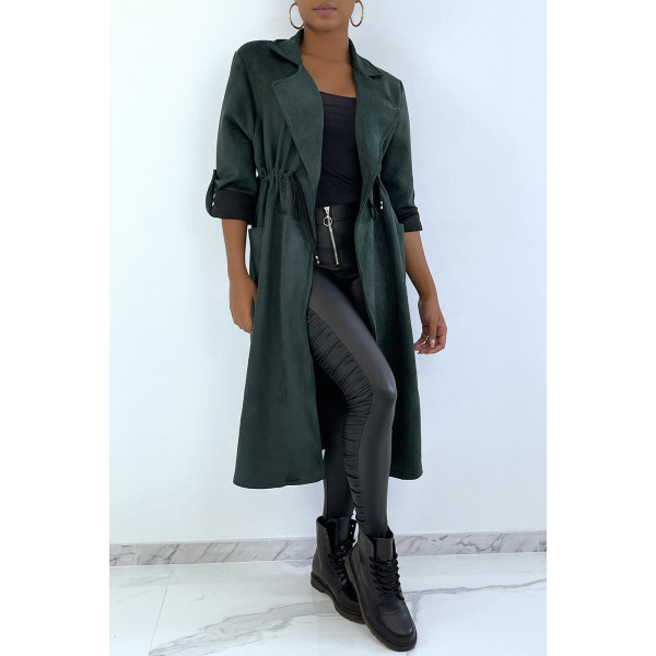 Manteau trench en suédine verte ajustable à la taille - 1