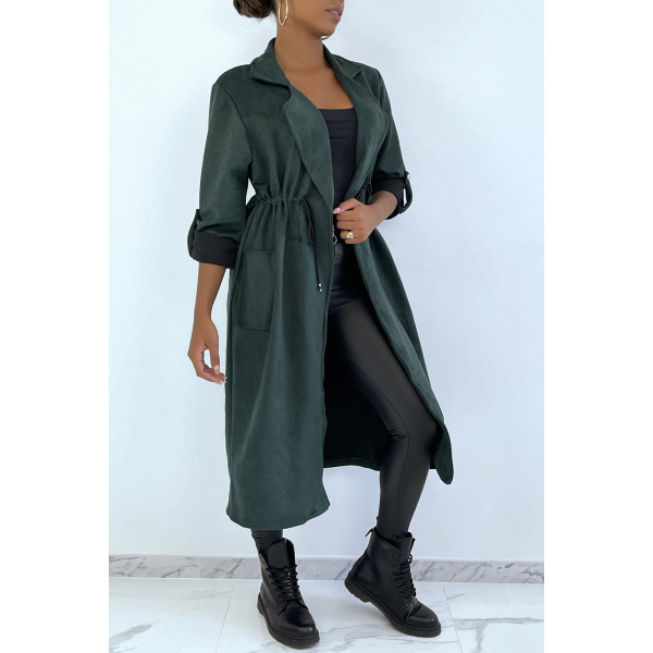 Manteau trench en suédine verte ajustable à la taille - 3