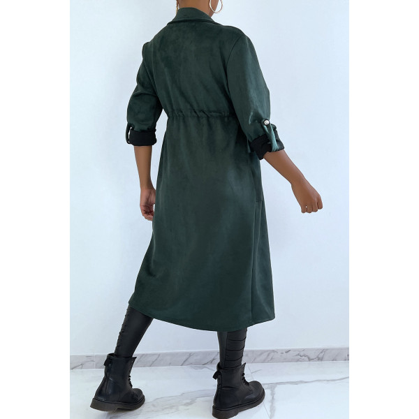 Manteau trench en suédine verte ajustable à la taille - 4