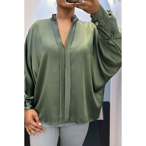 Blouse verte over size satiné avec plis - 1