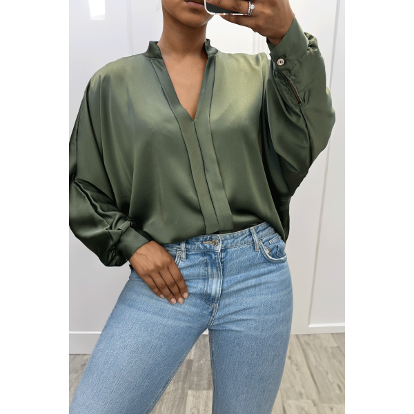 Blouse verte over size satiné avec plis - 4