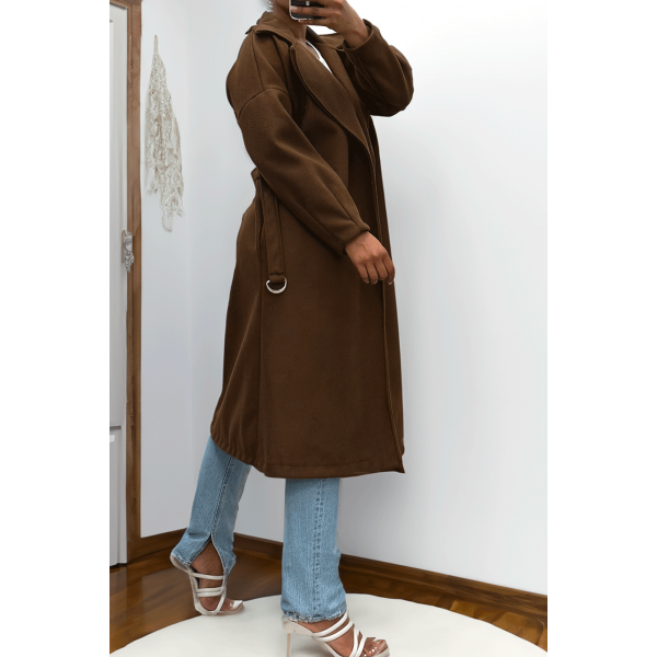 Long manteau marron avec ceinture et poches - 4