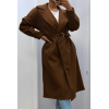 Long manteau marron avec ceinture et poches - 5