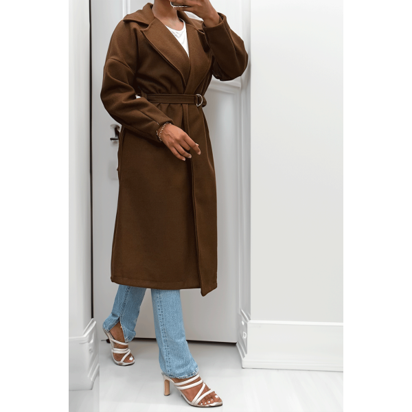 Long manteau marron avec ceinture et poches - 6