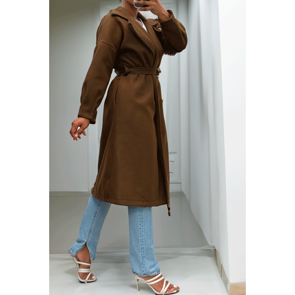 Long manteau marron avec ceinture et poches - 8