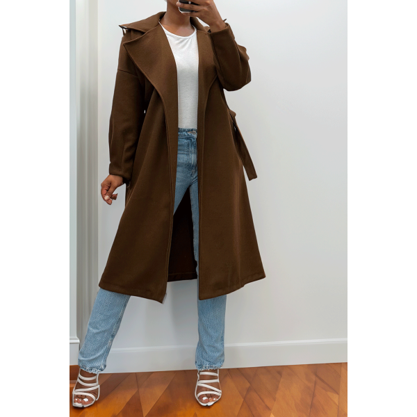 Long manteau marron avec ceinture et poches - 9