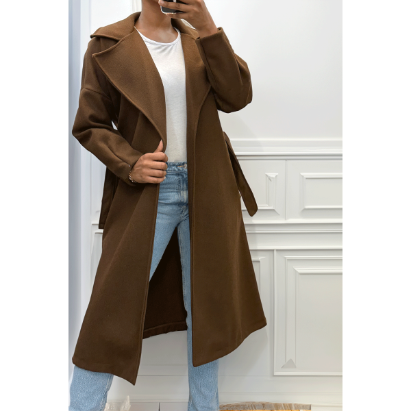 Long manteau marron avec ceinture et poches - 10