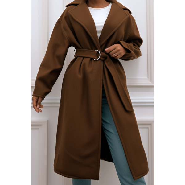 Long manteau marron avec ceinture et poches - 11