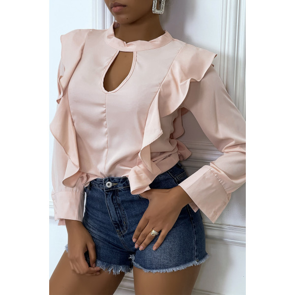 Blouse chic rose à manches longues et volants - 1