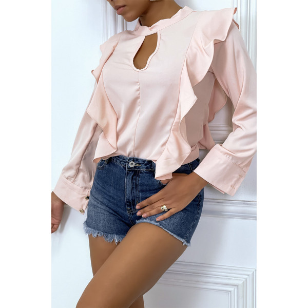 Blouse chic rose à manches longues et volants - 2