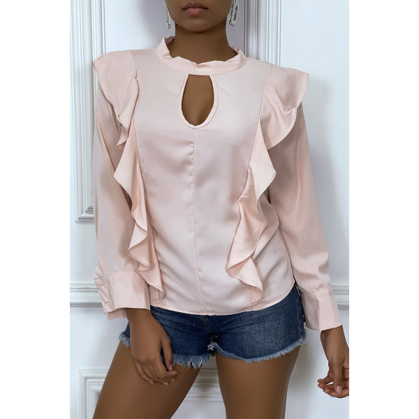 Blouse chic rose à manches longues et volants - 4