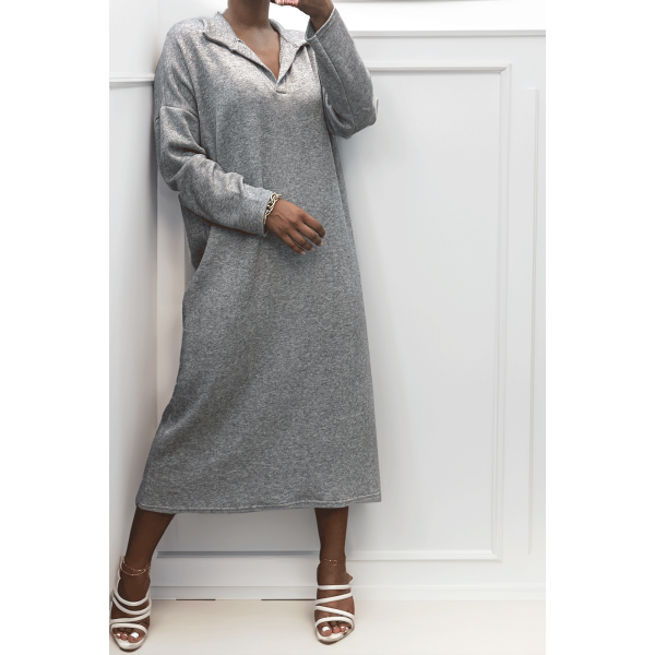 Longue robe épaisse col chemise en gris - 4