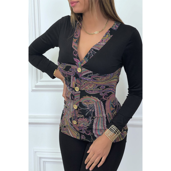 Haut noir à motif violet avec boutons dorée et fronce - 6