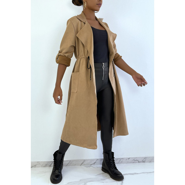 Manteau trench en suédine camel ajustable à la taille - 1