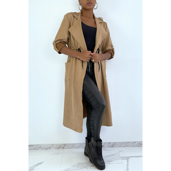 Manteau trench en suédine camel ajustable à la taille - 2