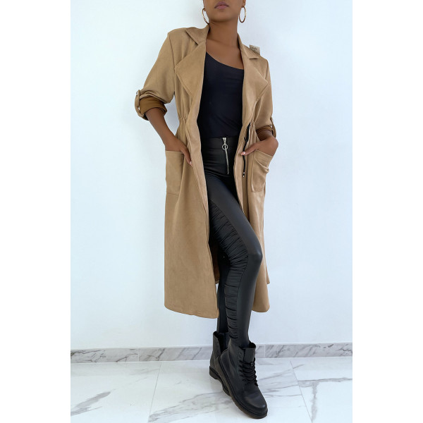 Manteau trench en suédine camel ajustable à la taille - 3