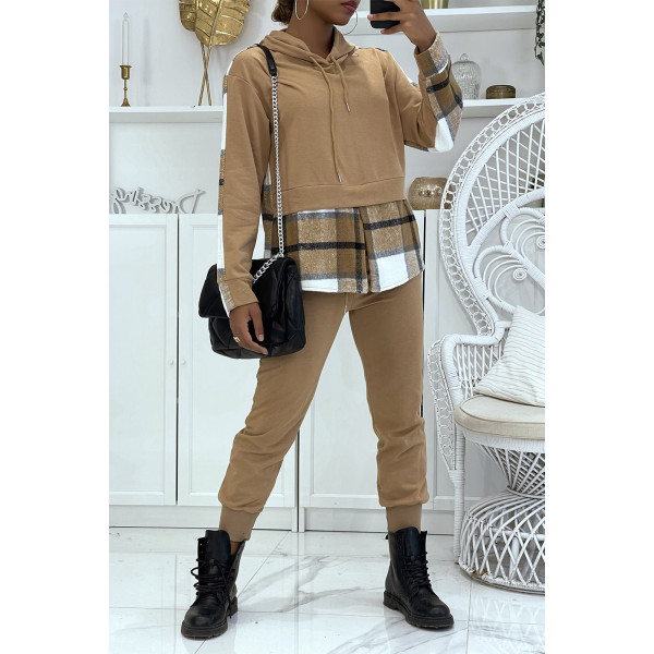 Ensemble de jogging taupe avec pantalon effet push et sweet 2 en 1 sur chemise à carreaux tendance - 1