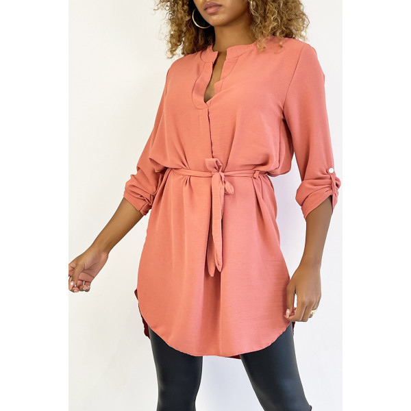 Longue tunique rose col tunisien avec ceinture - 1