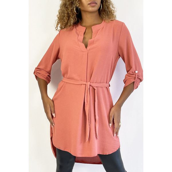 Longue tunique rose col tunisien avec ceinture - 2