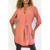 Longue tunique rose col tunisien avec ceinture - 2