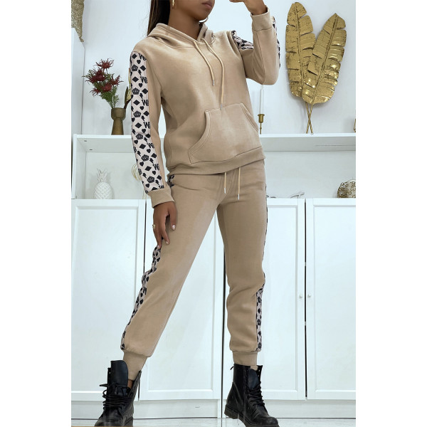 Ensemble 3 pièces doudoune sans manche avec sweat et jogging beige à motif - 1