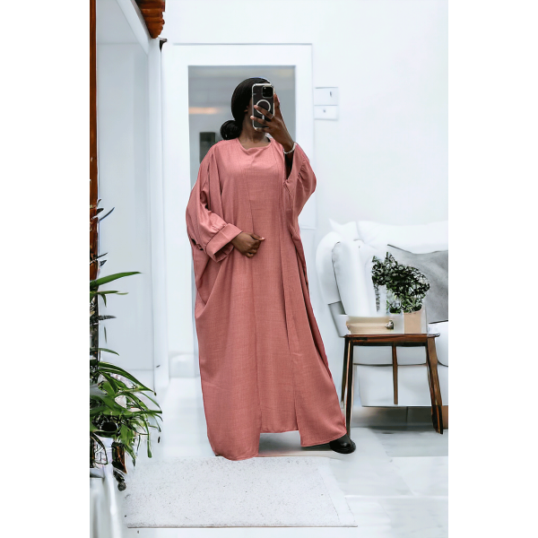 Abaya 2 pièces robe et kimono en rose - 2