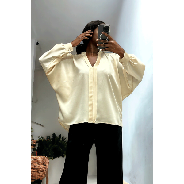 Blouse satiné écru coupe over size avec plis à l'avant  - 2