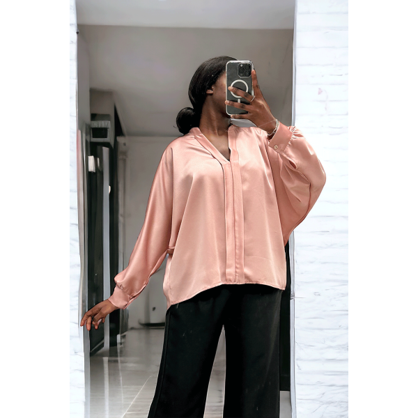 Blouse satiné rose coupe over size avec plis à l'avant  - 1