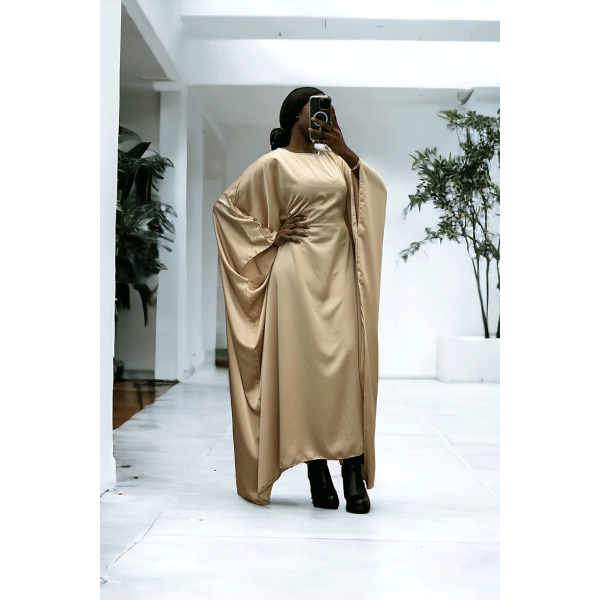 Abaya satiné beige over-size (36-52) avec élastique intérieur pour un effet ajusté   - 3