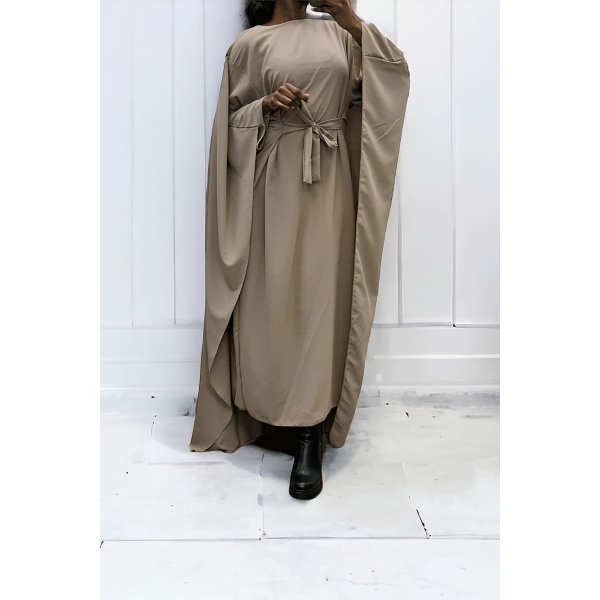 Abaya 2 en 1 taupe avec cape intégré et ceinture pour ajusté la taille  - 2