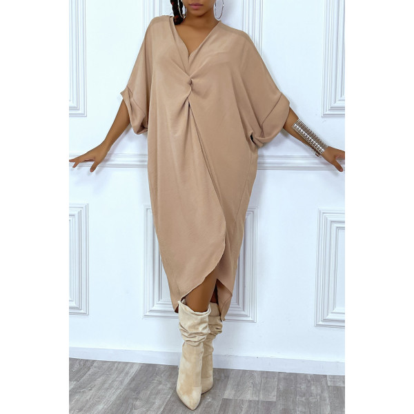 Robe tunique oversize camel col v détail froncé - 1